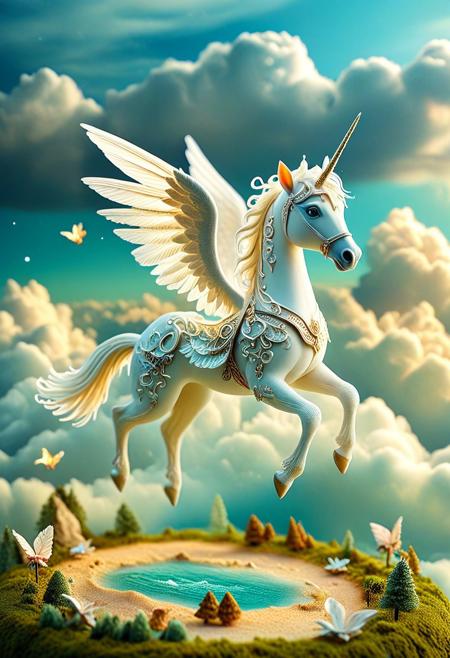 Tilt shift photography style, DonM3lv3sXL, Diorama page, cute Pegasus flying in the sky, ( Unmanned:1.2),