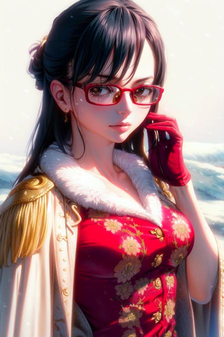 ultra realistic 8k cg, masterpiece, ((ultra detailed background, delicate pattern, intricate detail)), (highly detailed, fine details), best quality, (photorealistic:1.4),beautiful lighting,  absurdres, RAW photo, film grain, ((medium breasts, slim girl)), Tashigi, 1girl, solo, black hair, glasses, epaulettes, gloves, closed mouth, blue hair,  long hair, red-framed eyewear, pants, coat, shirt, brown eyes, floral print, (complex detailed background, snowy nature environment, snow, daytime, sunny, close-up, portrait),((slim girl, medium breasts)), <lora:DetailTweaker:0.5>,  <lora:BeautifulDetailedEyes:0.5> <lora:Tashigi:0.7>