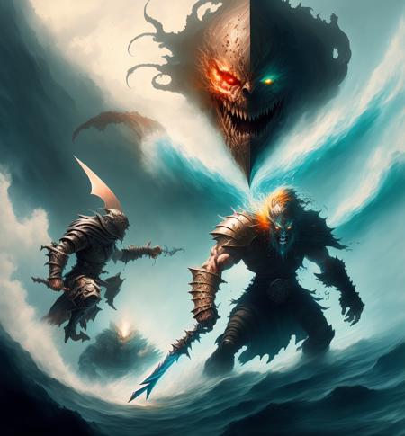 a painting of a giant boss attacking a knight in the ocean, lightning sword, fight, bsft