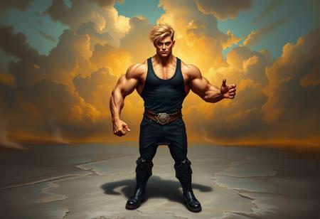 A beautiful gorgeous oil painting, rendered in a majestic Raphael Style with intricate Houdini Style details, depicting a muscular Elemental HERO Captain Gold with blonde hair. He is the sole object, positioned centrally, dressed in a black tank top and black boots, standing on a textured gray surface. His arms are robustly flexed, showcasing his detailed muscles, and his legs are slightly apart, poised in a powerful stance of readiness, suggesting he is the main focus. The Gold Pride - Chariot Carrie background is painted as an attractive, detailed environment concept, featuring stunning and harmonious colors, creating an immersive matte painting. This 4K, 8K, hyper-detailed artwork boasts a cinematic composition with captivating, dynamic dramatic lighting, highlighting sharp lines and brush strokes. The intentional focus on Captain Gold's well-timed moment, vivid emotions, and beautiful detailed eyes conveys a powerful message, making this an exquisite example of contemporary aesthetics and balanced editing.