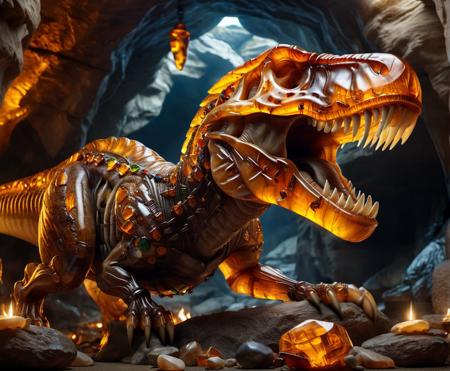 Hyperrealistic art hyperreality, wide angle, 64k, skull of a tyrannosaurus rex, decorated with steel elements and precious stones, ral-amber, mystic, lying on stone, in a cave, light from diffrent torches, high definition, highest resolution, UHD, <lora:add_detail:1> , <lora:ral-amber:1> . Extremely high-resolution details, photographic, realism pushed to extreme, fine texture, incredibly lifelike