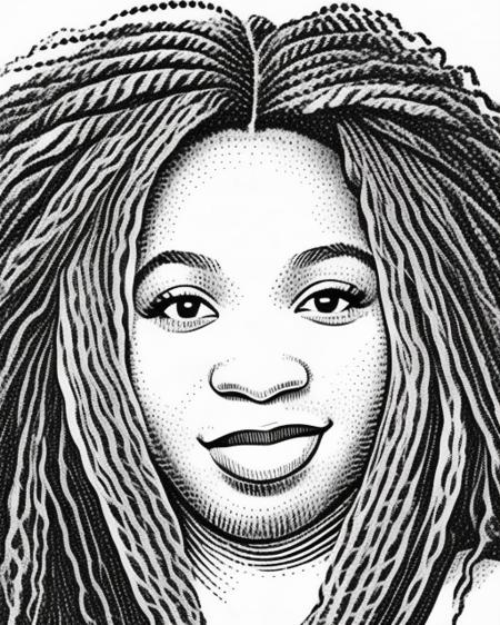 corporate portrait of a beautiful black woman with wavy hair in hedcut style <lora:GazHedcut:1>