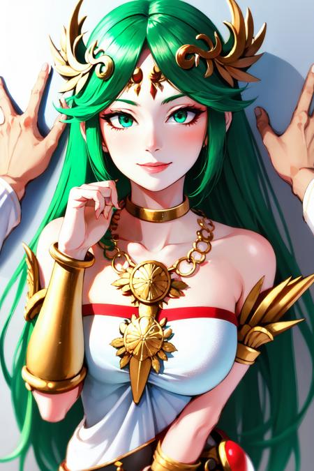 Highly detailed, High Quality, Masterpiece, beautiful, Palutena, <lora:Palutena:0.8>, green hair, 1girl and 1boy, kabedon pov, looking at viewer, <lora:Pos_POVGivers:1>, smirk,