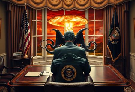 cthulu for president, oval office, mushroom cloud outside window, real photograph,photorealistic, correct hands, correct fingers, lovecraftian, vote button, campaign photo, election, elegant scene, facing away, sitting, smoking cigar, feet on desk