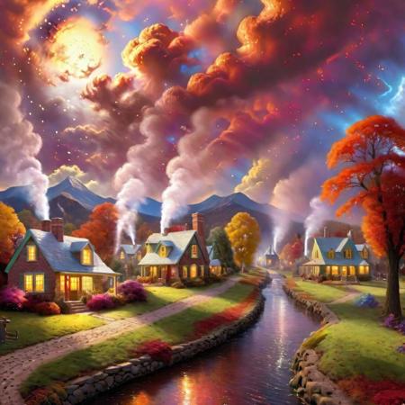 photo realistic, hyper detailed 8k Thomas Kinkade Style village with a large Thomas Cole Style landscape in   Style-Autumn with a sky like a nebula