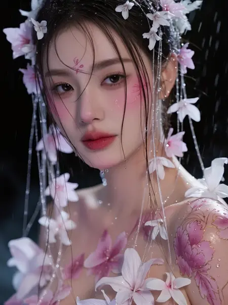 "Wet Woman's Flowery Solo Journey with Closed Eyes"