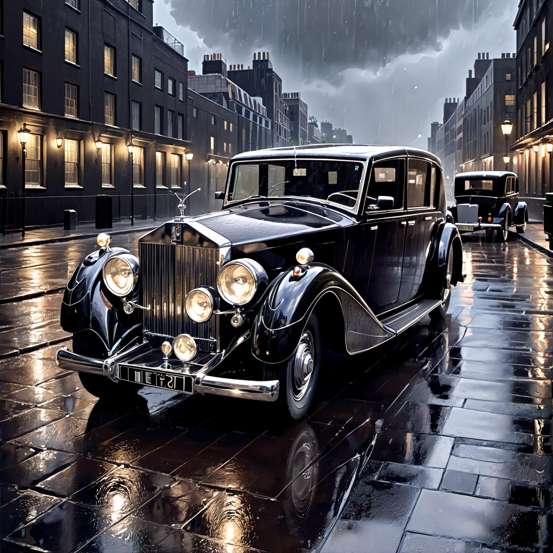A black vintage car parked on a rain-soaked street.