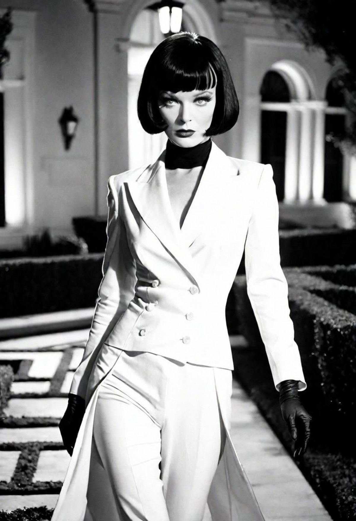 A woman wearing a white suit and black gloves, standing on a patio.