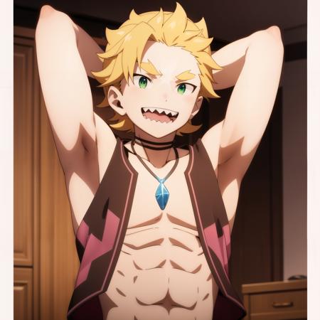 masterpiece,best quality,2d,anime,
male focus, 1boy, sharp teeth, blonde hair, solo, teeth,green eyes, arms behind head, scar,necklace, smile, jewelry, open mouth, vest,  <lora:garf:1>,