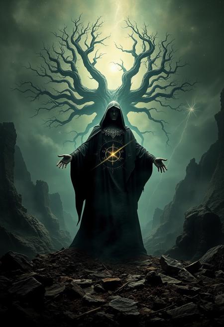 A universe inside a dark cloaked figure within mysterious landscape in an unfathomable realm of fantastic creation inhabited by ancient shadows of a forgotten time beyond the gate of the gateless gate where life is limitless, light is shadow and shadow is light, eerie sense, horror, spark of the beginning, existence and nonexistence at once, ethereal, outstretched arms, behold the end of the beginning, inglorious glory to the dark one, betrayal of the ancient order, beware the 7headed beast, destroyer of the old ways, bearer of the unbearable, nightmarish, archaic runes, tree aging backwards, breath of the gods, ruins of a place unimagined, extreme intricate detail, photorealistic, beyond epic scene, fate discarded, unseeable face of god, the end is the beginning, the beginning is the end, man arises as god dies, as above so below, as below so above, emerald tablet, thoth, guardian and saboteur of existence, hopeless hope, ghosts of the unborn, conception of the inconceivable, cosmic well of imperceptible perception, evil aura, infinite emptiness, pillars of void, overwhelming subtlety, sacred geometry