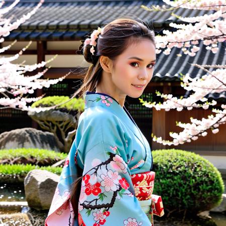 <lora:l30nam1a:1> very detailed, highest quality, l30nam1a in Japanese garden, kimono,cherry blossom,looking back,looking at viewer