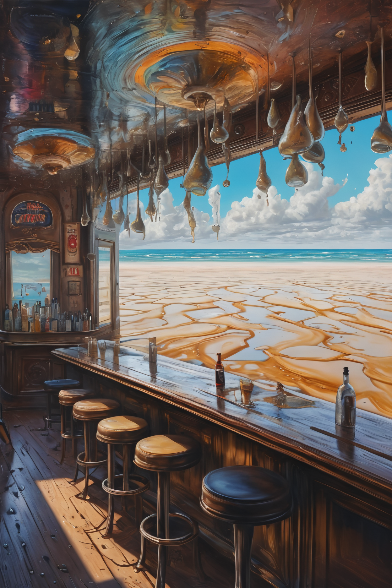 art by Eduard Wiiralt, Abstract, majestic, landscape of a Arcane Sandbar from inside of a Bar, space with Pear, at Midday, Ultra Detailed, Screaming, Art & Language