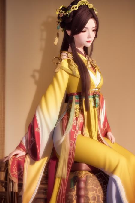 1girl,brown hair,long hair,((yellow hanfu)),(green hair ornament:0.5), 