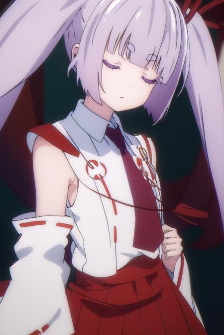 tsukuyo inaba, long hair, hair ornament, twintails, very long hair, purple hair, (closed eyes:1.5), thick eyebrows, tsukuyo inaba, long hair, hair ornament, twintails, very long hair, purple hair, thick eyebrows, (red eyes:1.3), skirt, detached sleeves, japanese clothes, necktie, wide sleeves, red necktie, ribbon trim, hakama, hakama skirt, ribbon-trimmed sleeves, miko,