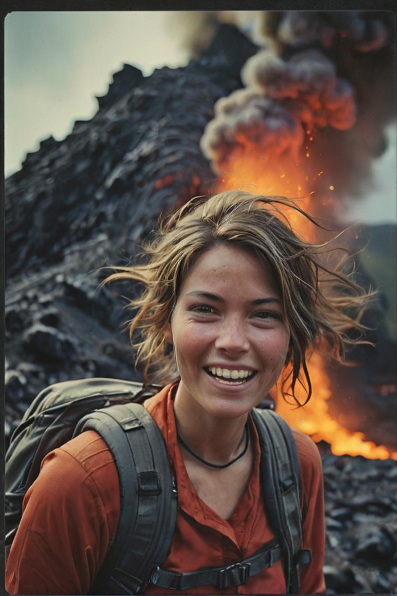Woman with backpack and orange shirt in front of a lava flow.