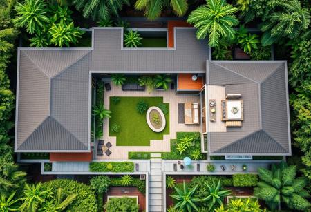 Seen from a high-angle bird's-eye view, this three-generation garden house is nestled in vibrant greenery, designed to foster family togetherness and daily functionality. The house is structured around a central open courtyard, where lush plants and a small water feature create a serene atmosphere. Surrounding the courtyard, the home’s main areas extend in a “U” shape: on one side, a grand living-dining space (~40 sqm) accommodates large family gatherings, seamlessly flowing into a modern kitchen equipped for daily meals and family celebrations.
Adjacent to the communal areas, an ancestors' worship room connects with the living room, embodying tradition and respect. Bedrooms for each generation are thoughtfully positioned for privacy: a spacious room for elderly family members faces the garden for easy access; the middle-generation rooms feature flexible layouts; and smaller rooms for younger members complete the family-oriented design. Verandas and shaded patios provide relaxation spaces overlooking the garden paths, vegetable patches, and seating nooks for evening gatherings, blending indoor and outdoor spaces harmoniously. The overall design balances openness with cultural intimacy, creating a peaceful family haven amidst nature.