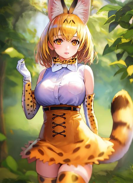 beautiful, masterpiece, best quality, realistic photo 1girl, serval,  blonde hair,  cat ears, cat tail, high-waist skirt, highres, kemono friends, large breasts, looking at viewer, orange eyes, thighhighs  <lora:my_ServalKemonoFriends_v1:0.6>