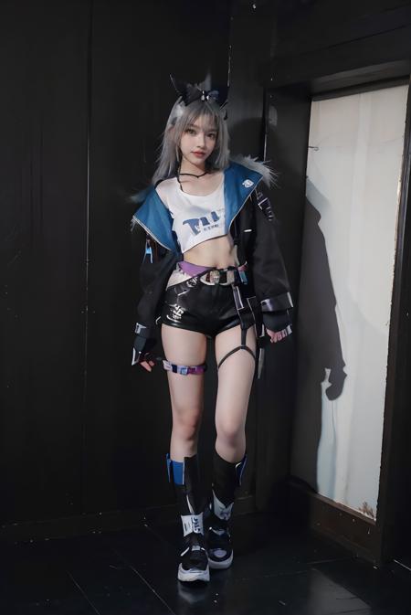 ((masterpiece:1.5)), ((best quality:1.5)), ((detailed)), ((realistic:1.2)), ((Hi-Res lossless)), ((nikon RAW photo, 8K, Fujifilm XT3, HDR10+, high resolution, depth of field, huge filesize, low-angle shot)), (1girl, solo, standing straight:1.3), ((((full body:1.5), (medium breast:1.4), (slender body:1.3), body height 150 cm, body weight 40 Kg, realistic body, 18 years old, teen, cool))), perfect anatomy, perfect body, perfect hands, perfect feet, perfect eyes, realistic eyes, realistic anatomy, perfect fingers, realistic hands, realistic fingers, realistic legs, detailed body, detailed face, detailed hands, detailed fingers, (photorealistic:1.4), photorealism, photography, hyperrealistic, hyperdetailed, lots of details, extremely amazing finely detail, shoot by professional, professional photography, studio lighting, professional tuned lighting, indoor, photo studio, dark room, perfection, flawless, best of the best, professional model, photo model, tuned by professional, lustful woman, arroused, seduced, flirty, orgasm face, horny, seductive expression, hot girl, seductive, tempt, naughty, cute, virgin, sexy, looking at viewer, extremely delicate beautiful, a dashing collected professional beauty woman, beautiful body, beautiful hands, beautiful fingers, beautiful legs, beautiful arms, beautiful face, beautiful eyes, ((Luxury black diamond wall background)), realistic shadow, realistic texture, realistic lighting, path tracing, ray tracing, <lora:Javanese_Girl_V3:0.7>, <lora:starrail_silverwolf_cosplay_v2:0.6> silverwolf cosplay costume, cosplay, silverwolf, white hair, hair bow, eyewear on head, hair ornament, jacket, shorts, cropped shirt, belt, fingerless gloves, bandaid, single fishnet legwear, thigh strap, boots