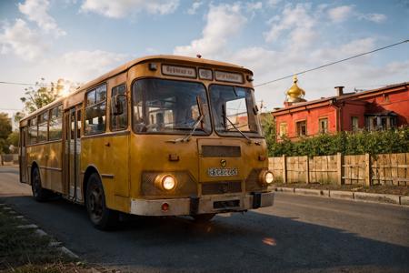 photo RAW,(gel40bo,(summer:1.3)(old Russia:1.2) landscape,yellow orange bus on road in wooden village,sunrays,(bokeh:1.3) <lora:gelios40bokeh_v2:0.5> <lora:liaz677:0.75>, dusty atmospheric haze, high quality textures of materials, volumetric textures, coating textures, metal textures, (natural colors, correct white balance, color correction, dehaze,clarity)), masterpiece, award winning photography, natural light, perfect composition, high detail, hyper realistic,lens flare,Timeless Elegance, Classic Tones, Refined Lighting, depth of field,sharp focus, dark theme <lora:lowra_v10:0.06>