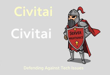 "A cartoon of a medieval knight with a ‘Server Maintenance’ shield, standing guard over a broken computer. Text: ‘Civitai: Defending Against Tech Issues’."
