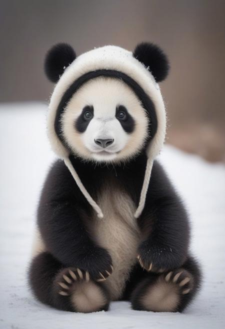 A close-up photo of an adorable Baby panda bear sitting on a snowy sidewalk, wearing a cozy winter hat with soft, fluffy ear flaps. The bear looks content and snug, with the winter landscape blurred in the background, creating a charming and warm contrast between the cold environment and the cozy appearance of the panda . The hat adds a cute and whimsical touch to the scene, making it perfect for a winter-themed setting.