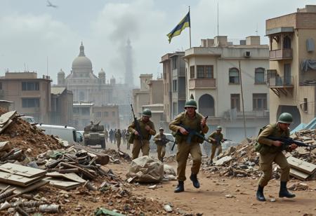 Modern, land war, scene, british soldiers, takein cover, war torn cityscape, middle east,