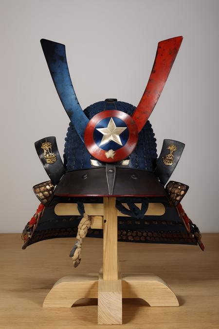 kabuto \(helmet\), simple background, no humans, samurai, (Captain America:1.2), rope, helmet stand