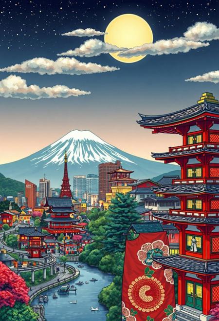 japanese city beautiful  landscape, noon, woman, very intricate, very detailed, sharp, bright, colorful,  mt fuji, tokyo