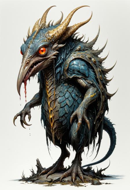 full body, lineart, concept art, a misshapen, beefy slug-like monster stands on a tentacle-like foot, glowing eyes, vulture's beak  with big teeth, spits poisonous saliva, watercolor wash, approaching perfection, pure form,  minimalistic, unfinished, concept art by Brian Froud and Carne Griffiths, intricate details, 8k post production, high resolution, hyperdetailed, trending on artstation, sharp focus, studio photo, intricate details, highly detailed, by greg rutkowski<lora:xl_more_art-full_v1:0.5>
dungeon and dragon , fantasy,  detailed_eye_model, white background, red olive blue yellow