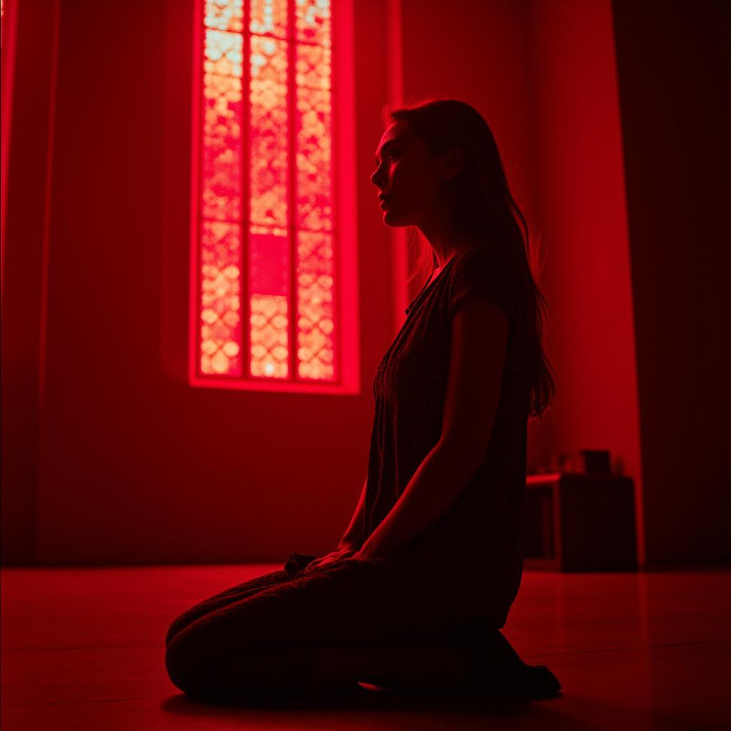 a high-quality image of [Elizabeth Olsen] kneeling in prayer inside a temple, surrounded by [large stained glass windows] emitting red illumination. Emphasizing [reality] in the scene, capture the solemn moment with Elizabeth Olsen expressing deep contemplation and faith. The intricate details of the stained glass reflecting the vibrant red light, creating a mystical atmosphere around her. The focus is on the actress's emotional expression, the play of light and shadow, and the grandeur of the temple interior. Ensure a realistic representation with high attention to detail, realistic lighting, and a serene ambiance. This image aims to evoke a sense of spirituality, reverence, and inner peace through the visual storytelling of a sacred moment.

style of E_Rogers


