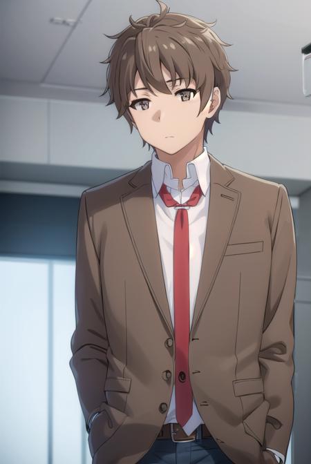 sakutaazusagawa, <lora:sakuta azusagawa s1-lora-nochekaiser:1>, 
sakuta azusagawa, short hair, brown hair, (brown eyes:1.5), male focus,
BREAK shirt, long sleeves, school uniform, jacket, white shirt, open clothes, necktie, belt, pants, blazer, red necktie, brown jacket,
BREAK indoors, classroom,
BREAK looking at viewer, (cowboy shot:1.5),
BREAK <lyco:GoodHands-beta2:1>, (masterpiece:1.2), best quality, high resolution, unity 8k wallpaper, (illustration:0.8), (beautiful detailed eyes:1.6), extremely detailed face, perfect lighting, extremely detailed CG, (perfect hands, perfect anatomy),