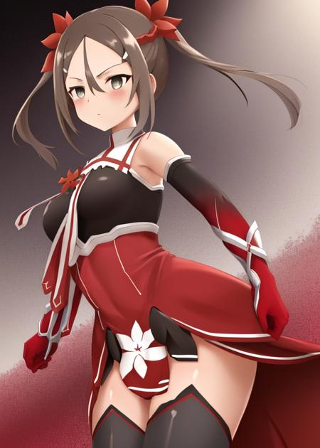 <lora:Miyoshi_Karin-10:1>, Miyoshi_Karin, 1girl, solo,brown hair, hair ornament, thighhighs, gloves, dress, hair between eyes, bare shoulders, twintails,brown hair, boots, elbow gloves,parted bangs, grey eyes, thigh boots, red dress, red footwear, red gloves, red thighhighs,red leotard,upper body