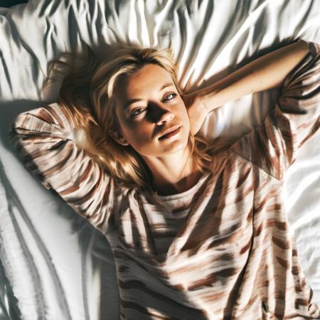 amysmart a beautiful woman  26 years old,selfie| shot from above| medium shot| streetwear| young woman| lying on her back| on a bed| curvy| medium breast size