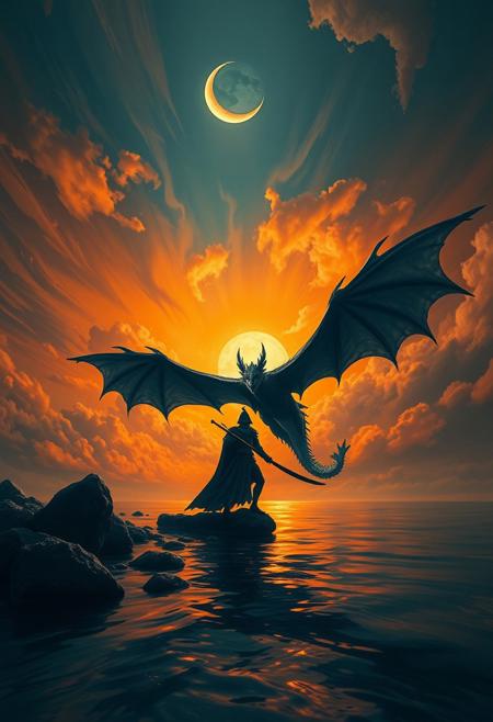 A low angle closeup, captivating, dramatic scene in a painting that exudes mystery and foreboding. A dark orange navy sky, swirling clouds, and a crescent moon illuminate a fearless warrior against the massive flying black dragon near the water's edge, silhouetted against the eerie glow. The water mirrors the navy orange sky and moonlight, amplifying the stunning atmosphere. This vibrant, cinematic work of conceptual art creates a haunting impression., vibrant, conceptual art, painting, dark fantasy, cinematic