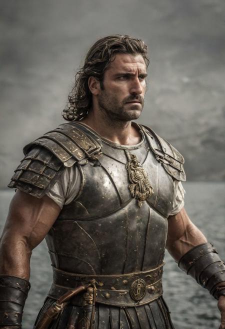Ultra-realistic, photographic style, Mid Shot Photo,
A captivating portrait photograph of a large and strikingly handsome, muscular, 35-year-old ancient Greek naval warrior. He is clad in simple armor, with long wavy hair. His piercing eyes reveal a deep sense of strength and determination. He holds a weapon with remarkable poise, emphasizing his role as a formidable combatant. The background captures the bustling activity of an ancient Greek harbor, filled with ships and people, highlighting the warrior's significance in naval warfare.