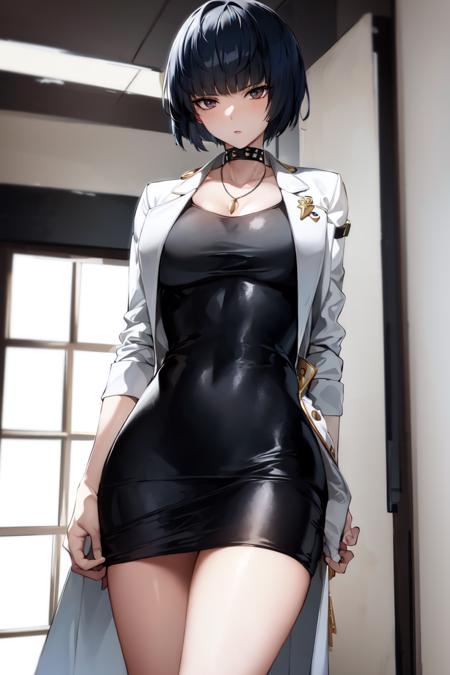 masterpiece, best quality, absurdres, perfect antomy, Tae Takemi, necklace, choker, dress, labcoat, standing, cowboy shot, indoors