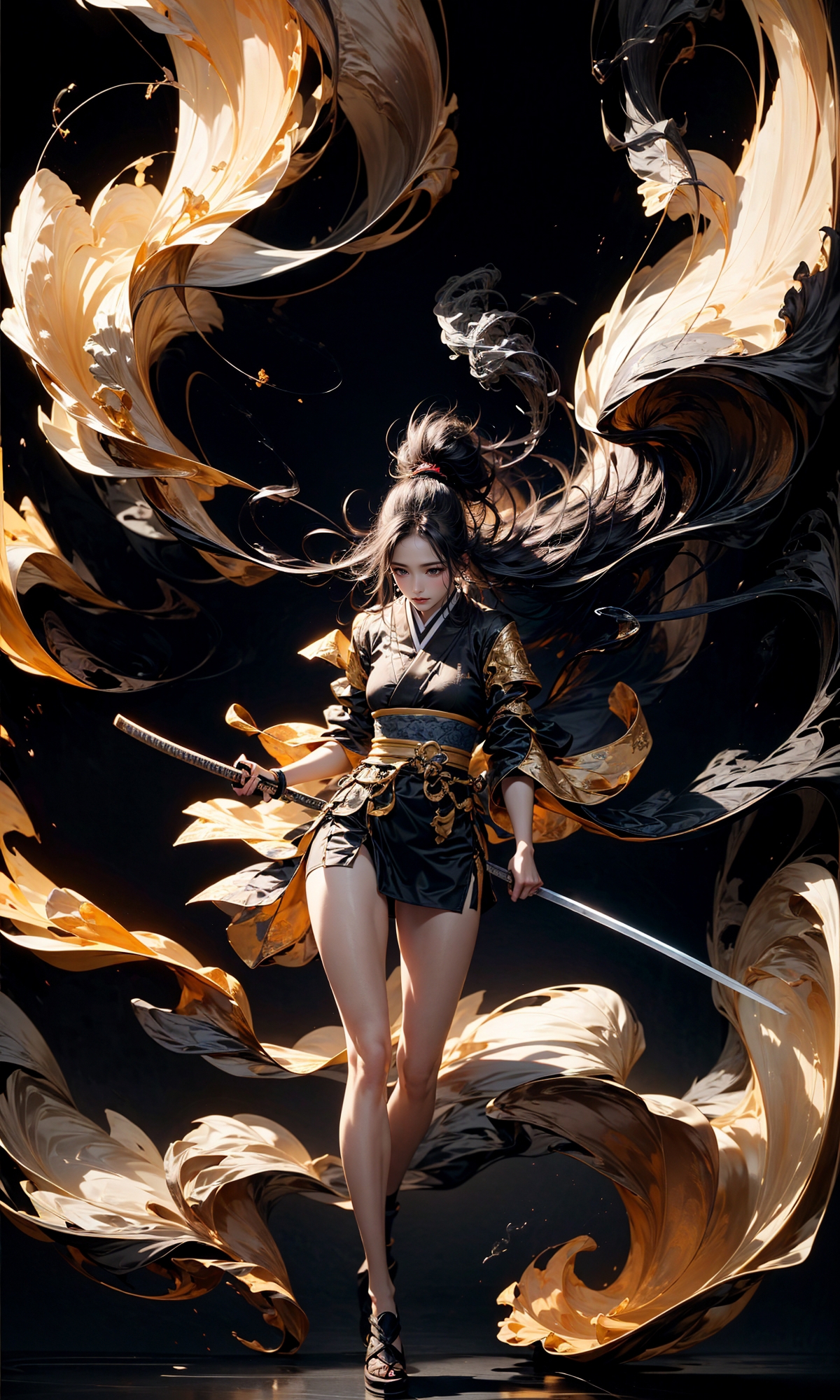 A woman in a black and gold kimono holding a sword.