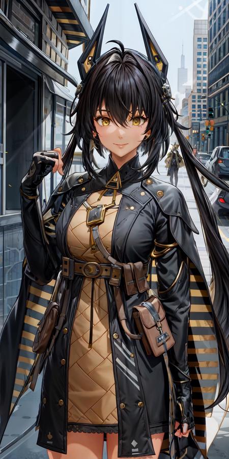 mauxirA1CB,1girl, solo, standing, naughty face, smile, look at viewer, headgear, yellow eyes, sparkling eyes,  mole under eye,  dress, gloves, long hair, low twintails, cape, belt, long sleeves, high heel boots, socks, thigh strap, detailed face