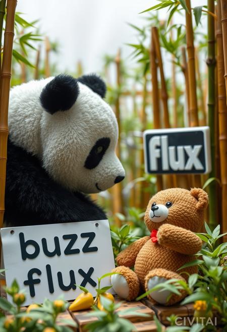 A pcture of a giant panda looking at the board word in a big bold font "buzz", and other teddy bear looks at the word in a big bold font "flux", in a toy land filled with bamboos and it says "Buzz" and "Flux" as the paper is written in the CIVITAI logo