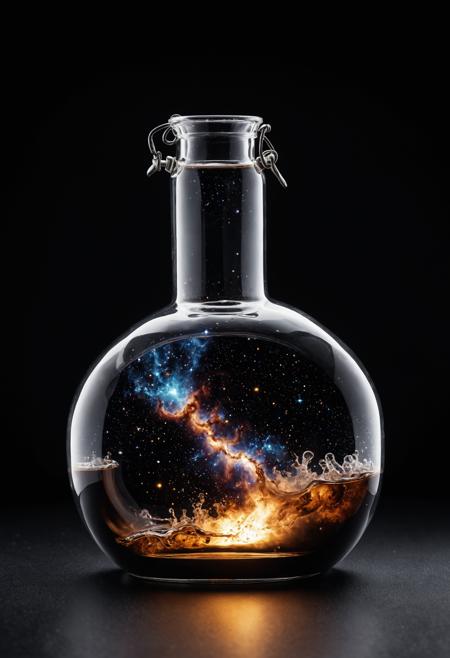 Hyperrealistic art cinematic photo A round flask, with a galaxy trapped in it, black background . 35mm photograph, film, bokeh, professional, 4k, highly detailed . Extremely high-resolution details, photographic, realism pushed to extreme, fine texture, incredibly lifelike