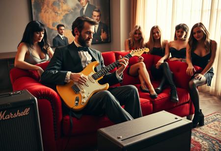 Create an image of Abraham Lincoln playing a Fender Stratocaster electric guitar while sitting on a plush red sofa. The scene is set in a modern room with a Marshall amplifier beside him. Around him are several attractive groupies, dressed in stylish, modern clothing, adoringly watching him play. The overall vibe is a mix of historical and rock-and-roll, blending the past with contemporary rock culture. The lighting should be warm, with a spotlight effect highlighting Lincoln as the central figure.