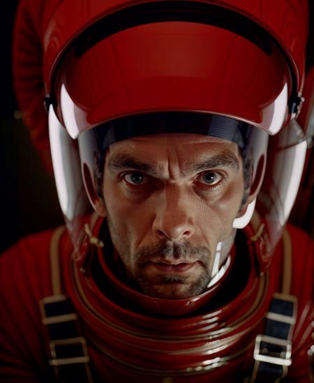 a man in a red space suit is staring at the camera, 2001, directed by Stanley Kubrick, a hologram by Jean Fautrier, cgsociety, les automatistes, reimagined by industrial light and magic, redshift, criterion collection  <lora:2001:1>