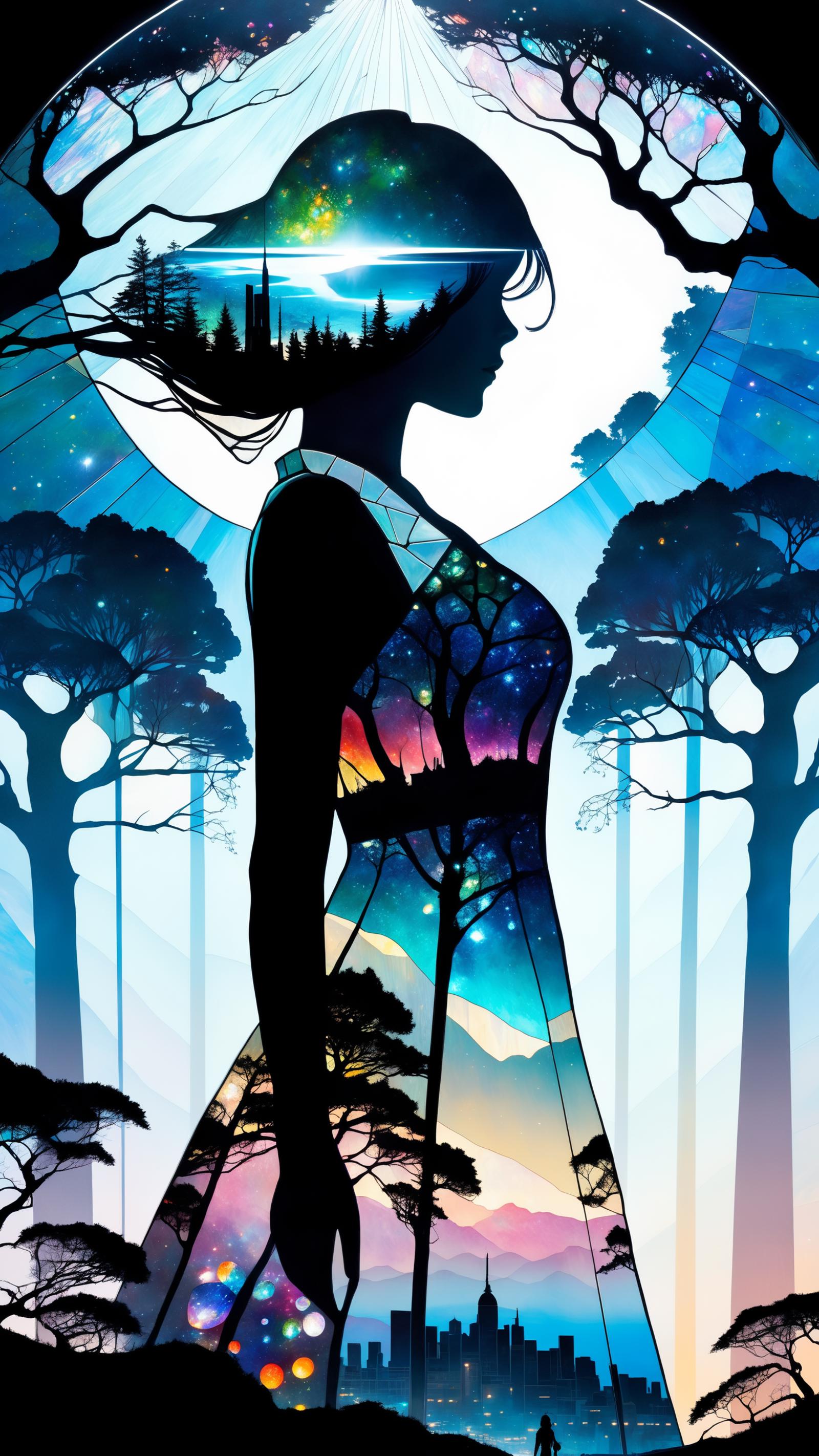 A woman with a dress that has a forest and mountain on it, standing in front of a tree.