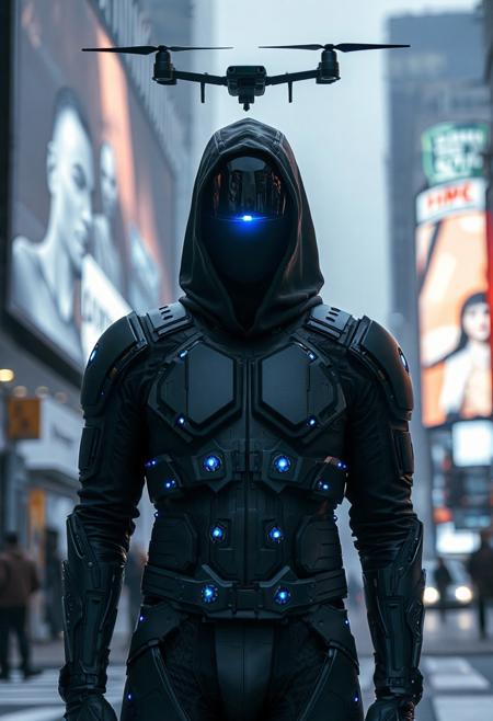 Null Node
A silent, gender-ambiguous figure clad in a jet-black full-body suit made of modular matte armor and glowing blue data nodes. Their face is obscured behind a featureless reflective mask with a single thin, blinking lens at the center, like a surveillance cyclops. Drones hover faintly around them. Standing in mid-glitch—edges fragmented like a corrupted hologram—Null Node leans in shadow against a digital billboard that flickers behind them, casting streaks of artificial light across their cloaked form in a city intersection gone silent.