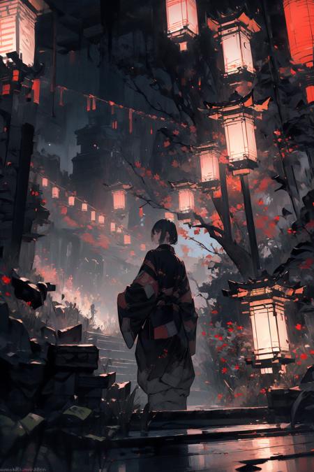 (masterpiece:1.2), best quality,realistic,Tyndall effect,
night, lantern, tree, scenery, outdoors, 1boy, solo, black hair, japanese clothes, from behind, male focus, standing, east asian architecture, architecture, sky, night sky, stairs, facing away,
 <lora:ghostdom_20230621222536-000019:1>