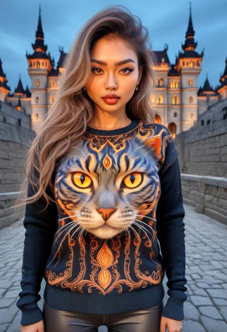FireDarkstyle, Cambodian woman, asian features, long hair, huge boobs, small waist, fitness body, toned muscle, wide hips, An extreme photorealistic upper body shot of a cat girl with mesmerizing golden eyes and slit pupils. She has long, flowing two-tone hair, FireDarkstyle hair with striking unrealistic beauty. red lips, the skin has tiny imperfections like pores, faint freckles, and slight skin texture variations to add realism. Realistic lip texture with soft lines, slight gloss, and natural color variation. Realistically detailed tear ducts, slightly moist, enhancing the natural appearance of the eyes. Faint, barely visible veins under the eyes, adding depth and authenticity to the skin. Individually rendered eyebrow hairs with natural variation in direction, length, and thickness. Variation in hair strand thickness, with some thinner and finer than others, Gothic castle, lively, luminescent, Majestic castle, big eyes, fully dressed, (FireDarkstyle printed sweater:1.8), (FireDarkstyle painted castle:1.4), (outdoors:2), Brown-Hue, CZC, FULL BODY, CLOTHED.