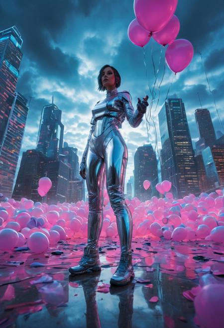 A futuristic woman standing confidently on the ground, surrounded by a sky filled with floating, neon-colored balloons of various shapes, the scene viewed from a low-angle perspective, her reflective silver outfit shining under the bold, pop-art inspired cityscape in the background, dynamic clouds above, cinematic lighting, ultra-realistic, 8k resolution, wide-angle lens, energetic and vibrant atmosphere.
anime, cyberpunk