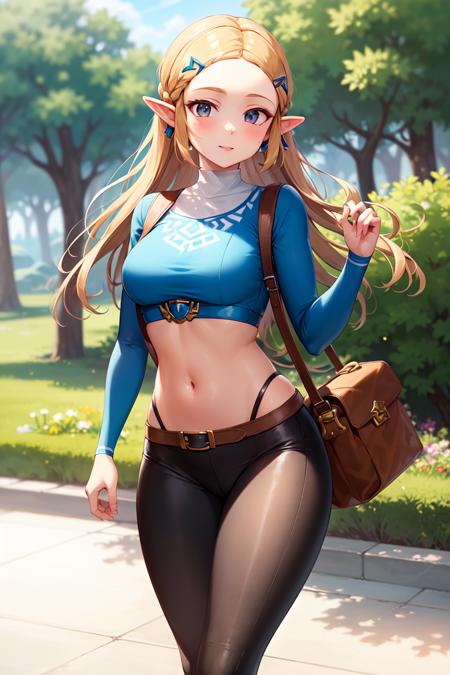 masterpiece, best_quality, 1girl, solo, princess zelda, nintendo, the legend of zelda,  botw, blue shirt, black legwear, leggings, black pants