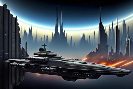 a space pirate battleship among the ruins of an advanced, futuristic city