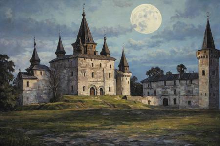 <lora:Zaxarovobv:0.65>
zaxarovob, oil painting, gothic painting of an ancient castle at night, with a full moon, gargoyles, and shadows